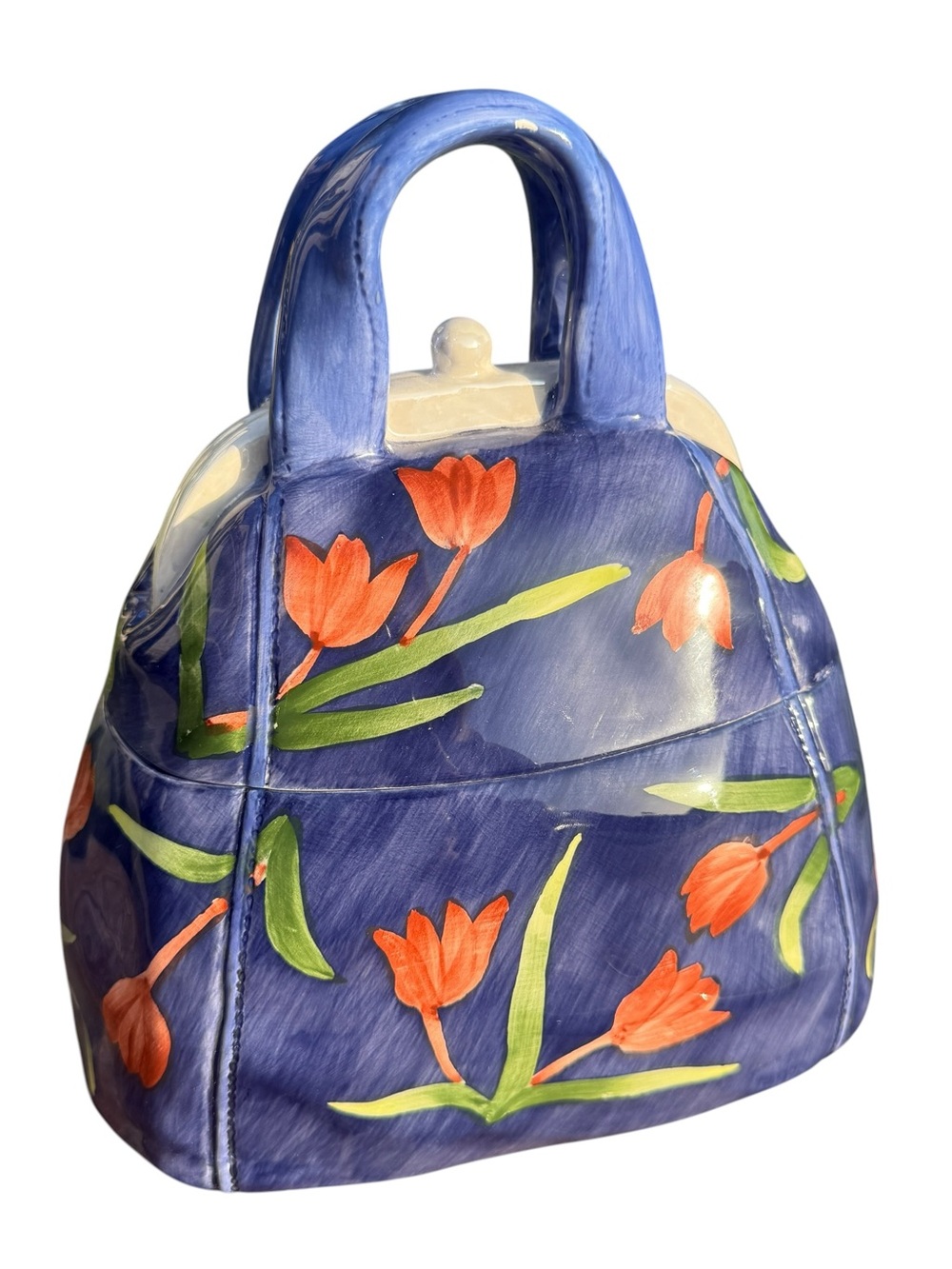 Blue Tulip Handbag Cookie Jar Ceramic Canister Spring Floral Kitchen Decor Gift